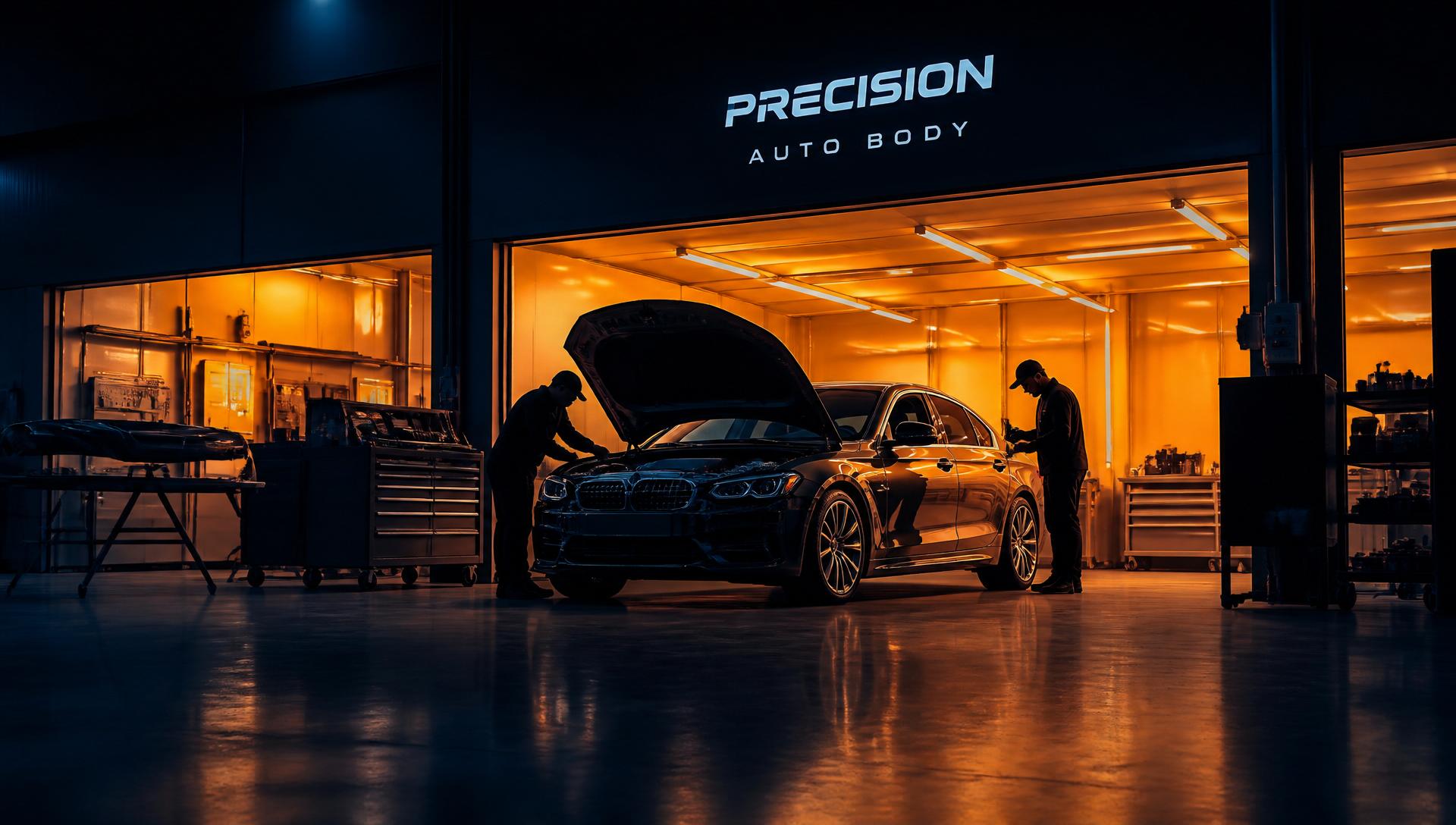 Technicians working on a car inside Madeena Al Amwaj auto workshop