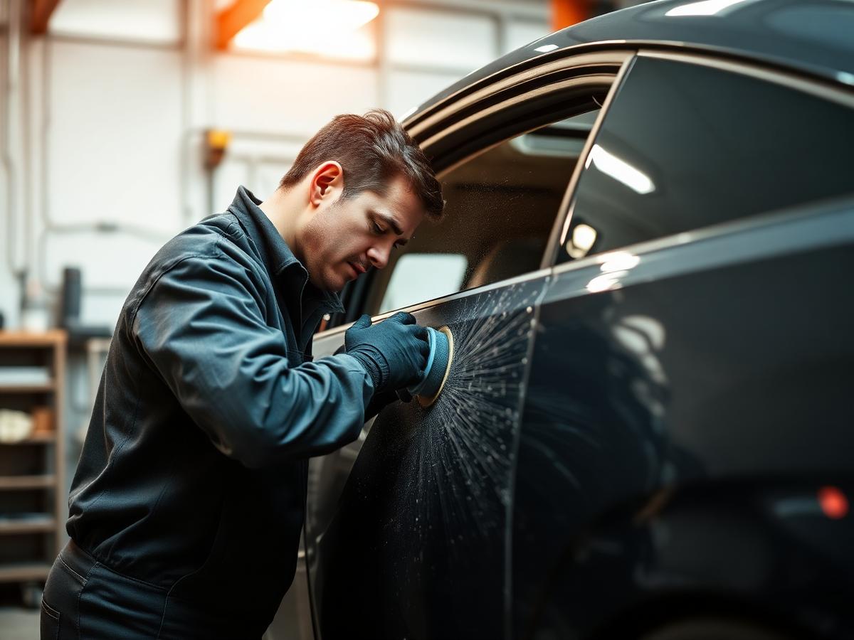 Technician sanding a car panel in the workshop