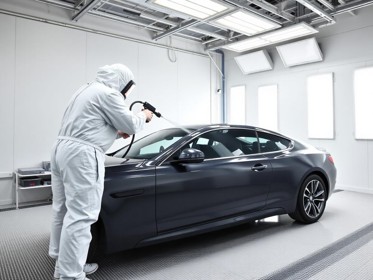Car being spray painted inside a dust-free paint booth