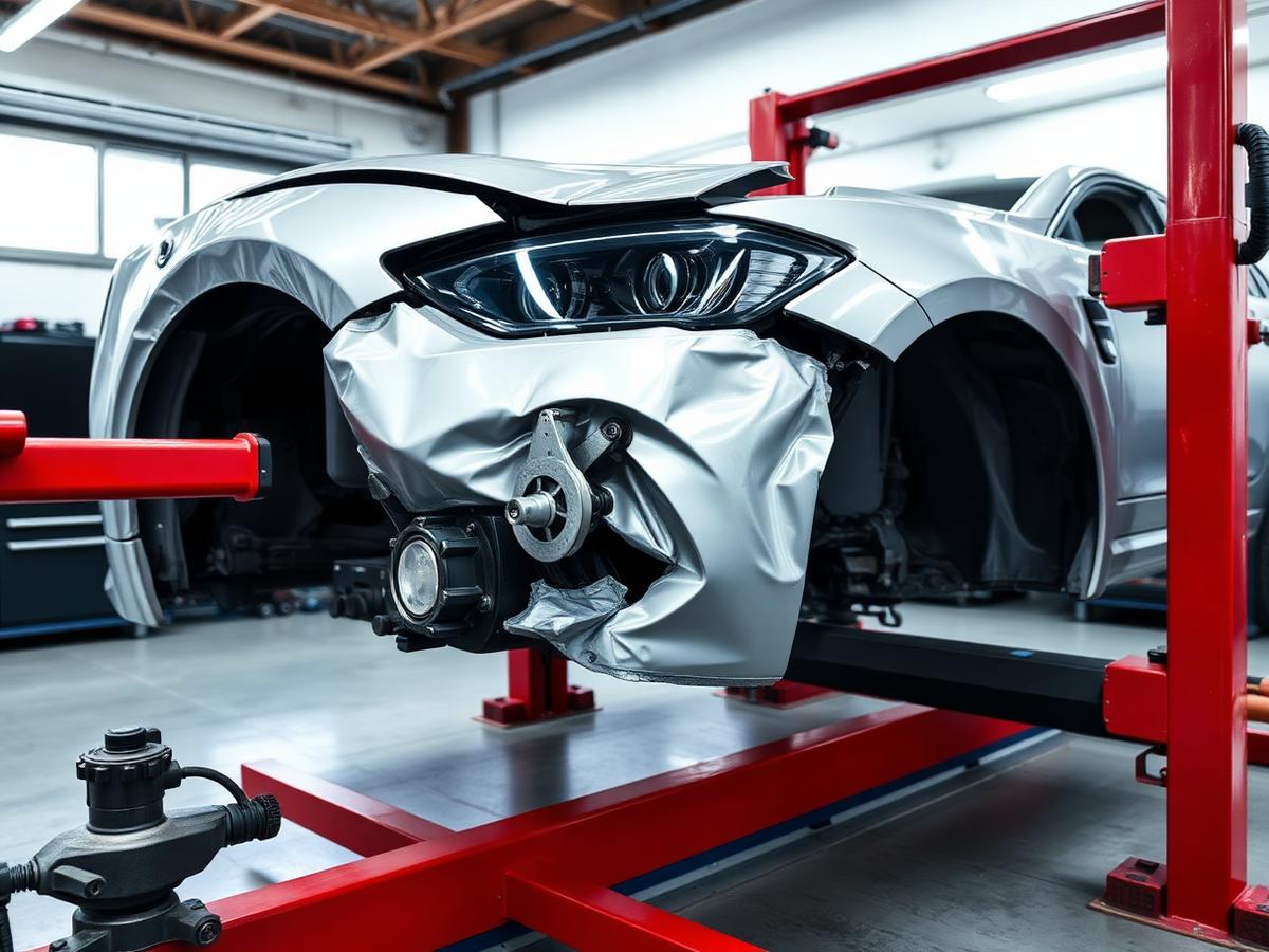Damaged vehicle on a frame alignment bench